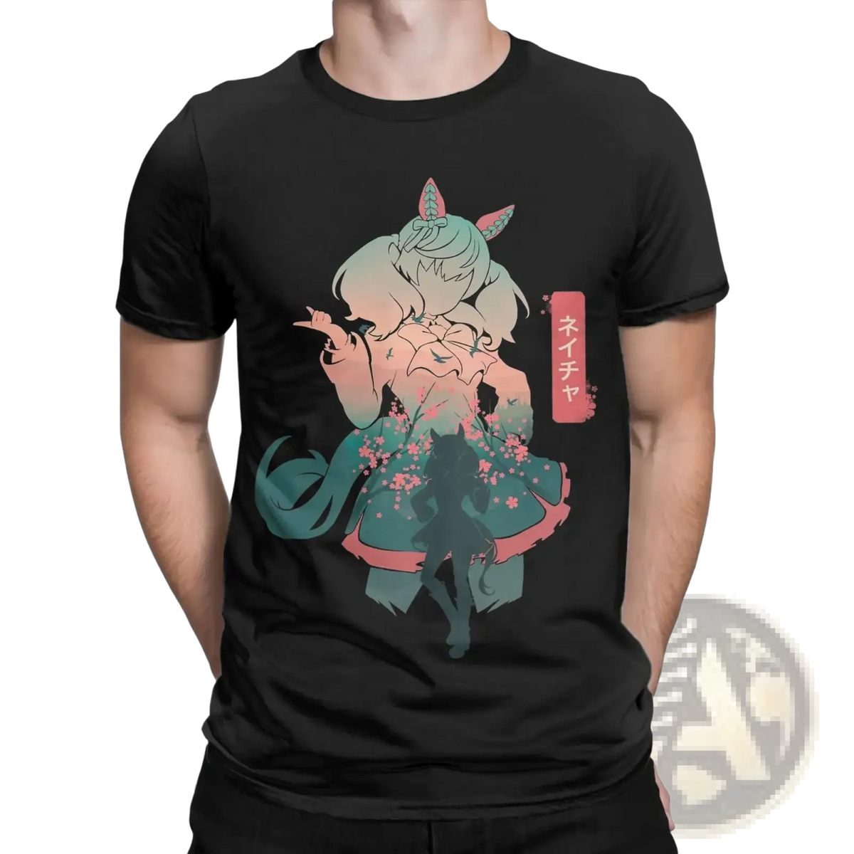 Black cotton short-sleeved uma musume anime t-shirt with a stylized teal and pink floral anime character design