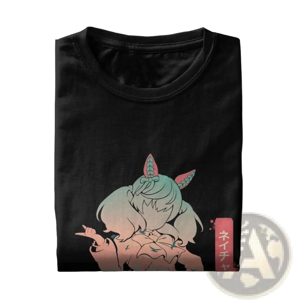 Black cotton Uma Musume anime t-shirt featuring a stylized teal-haired character with pink leaf-like ears and gradient shading