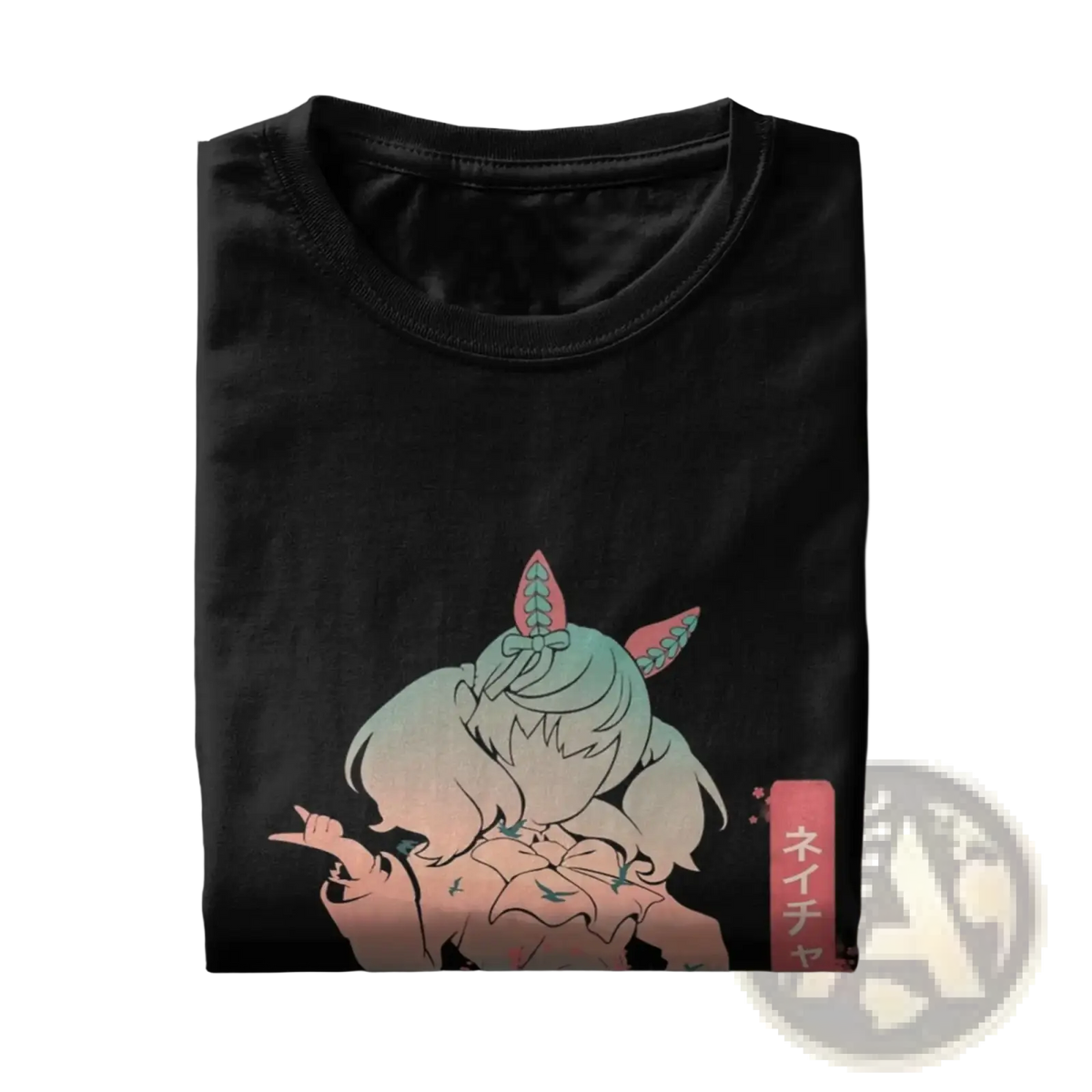 Black cotton Uma Musume anime t-shirt featuring a stylized teal-haired character with pink leaf-like ears and gradient shading