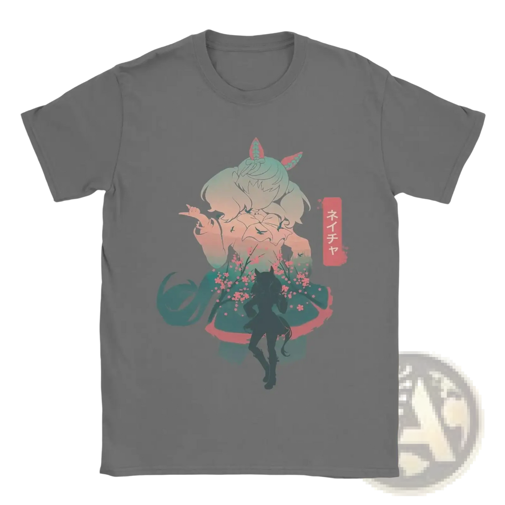 Gray cotton uma musume anime t-shirt with short sleeves featuring pastel anime characters and cherry blossoms design