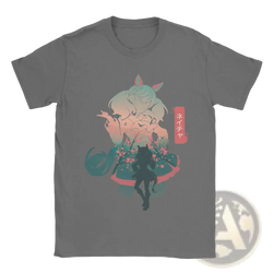 Gray cotton uma musume anime t-shirt with short sleeves featuring pastel anime characters and cherry blossoms design