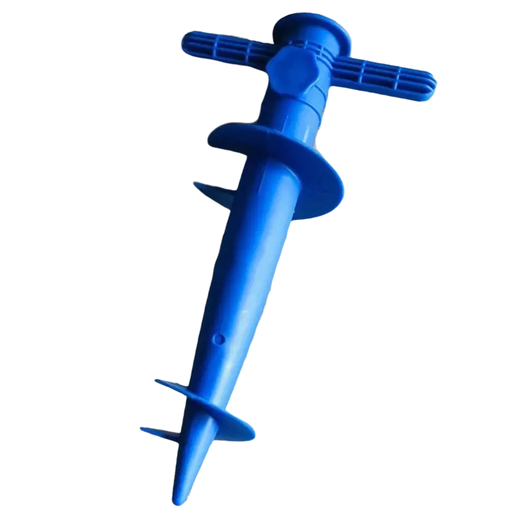Blue plastic garden auger with t-shaped handle and spiral blade for umbrella base on sand ground and sun beach use