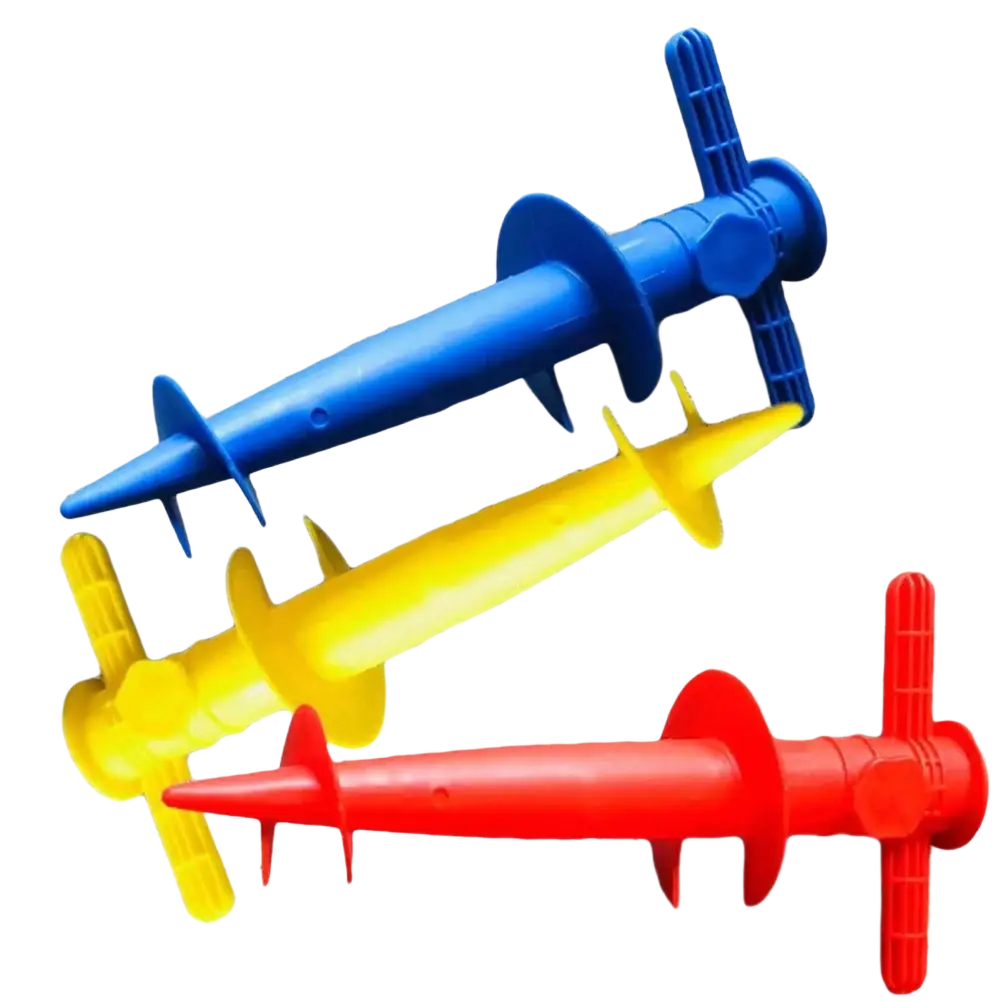 Brightly colored blue yellow and red plastic umbrella base stakes with cross-shaped handle for sun beach and sand ground use