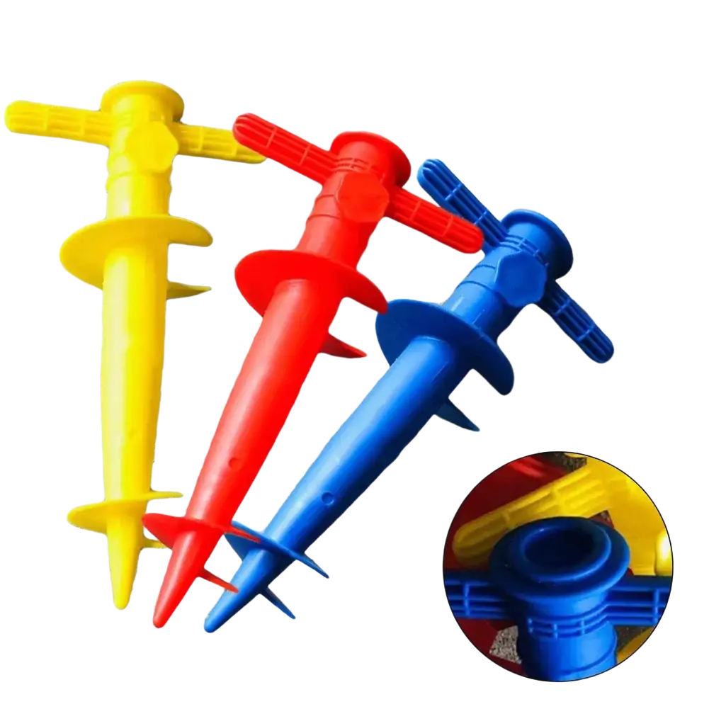 Colorful yellow red and blue plastic garden stakes with cross-shaped handle for umbrella base in sand ground and sun beach use