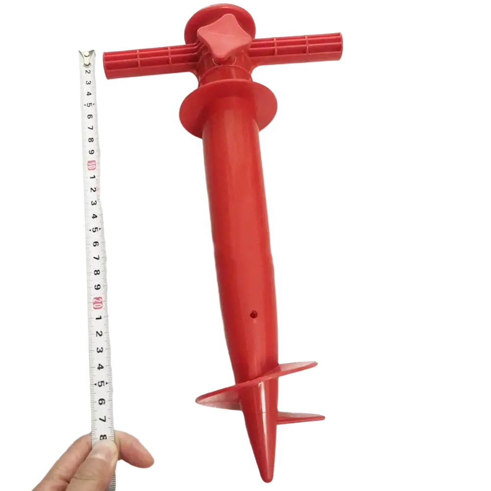 Red plastic umbrella base with t-shaped handle and spiral point for secure sun beach and sand ground use
