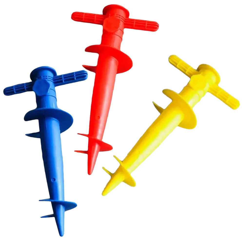 Three brightly colored plastic garden stakes with t-shaped handles and spiral shafts for umbrella base in sand ground use