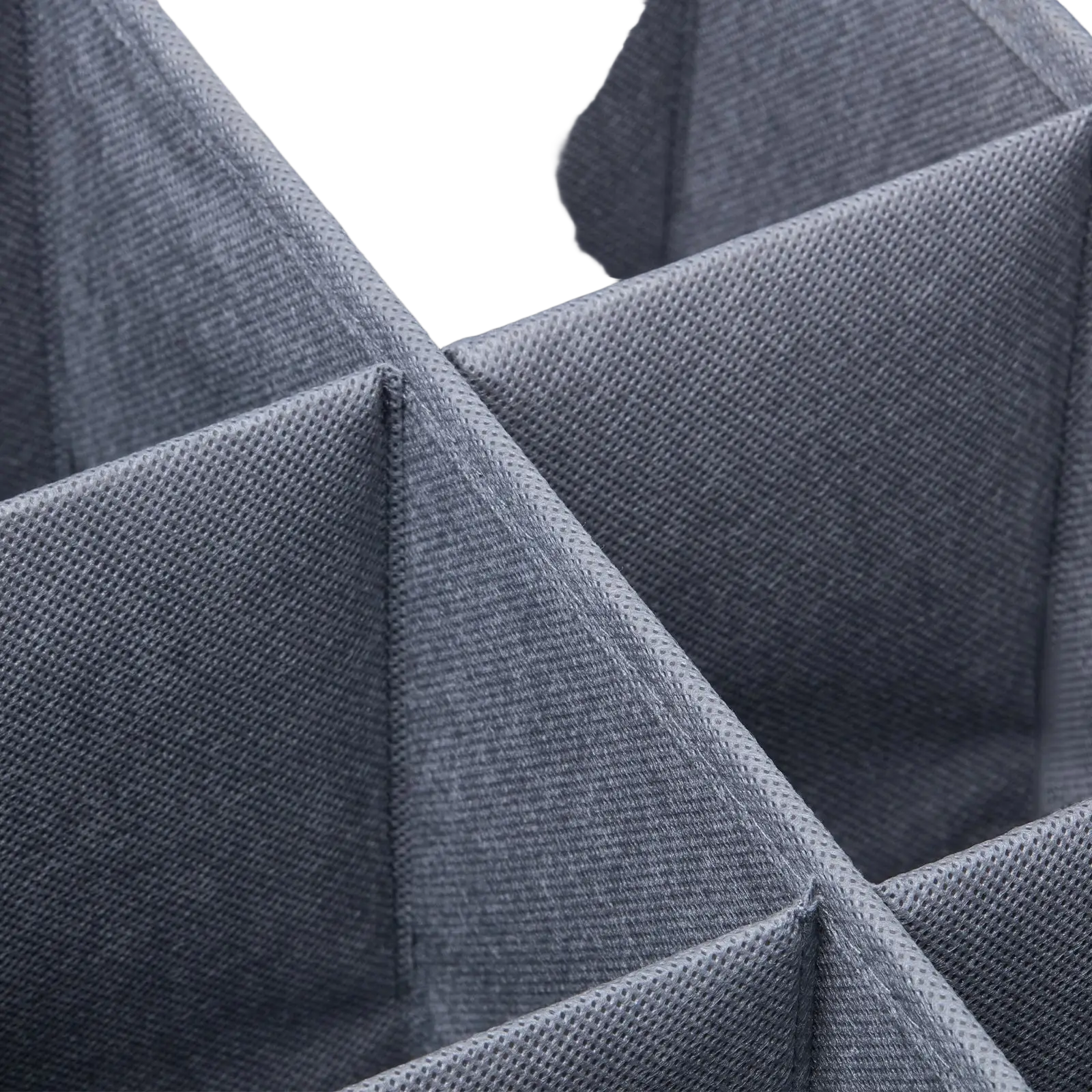 Gray textured fabric under bed shoe storage organizer with 16 geometric compartments for shoe organization