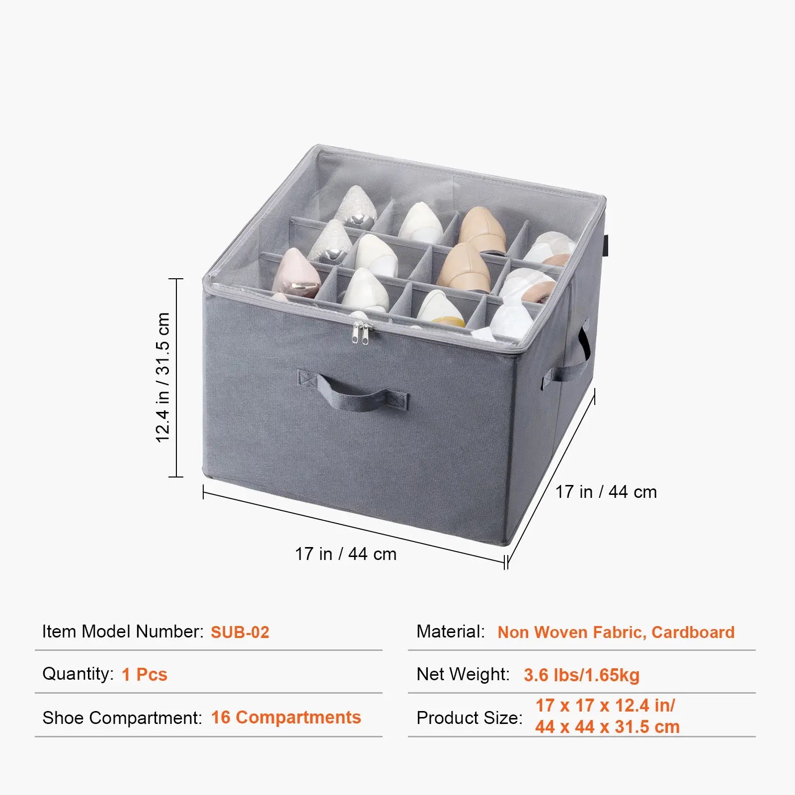 Gray fabric under bed shoe storage organizer with transparent top and 16 compartments for shoe organization