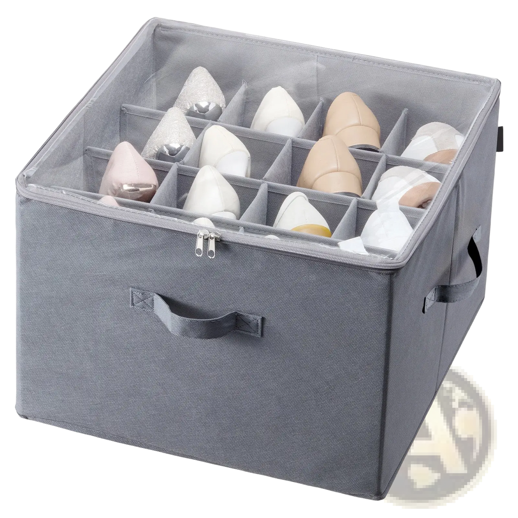 Gray fabric under bed shoe storage organizer with 16 transparent compartment dividers holding high heels