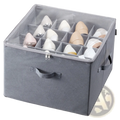 Gray fabric under bed shoe storage organizer with 16 transparent compartment dividers holding high heels