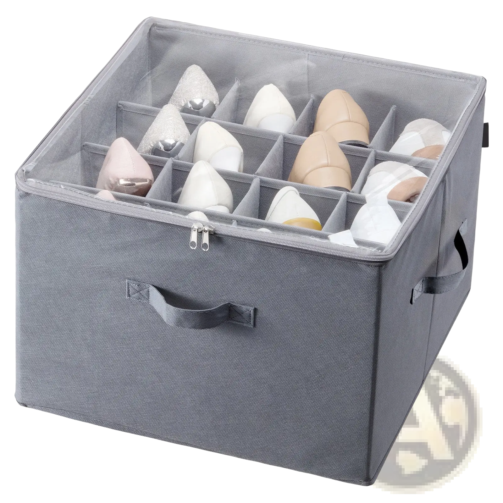 Gray fabric under bed shoe storage organizer with 16 transparent compartment dividers holding high heels