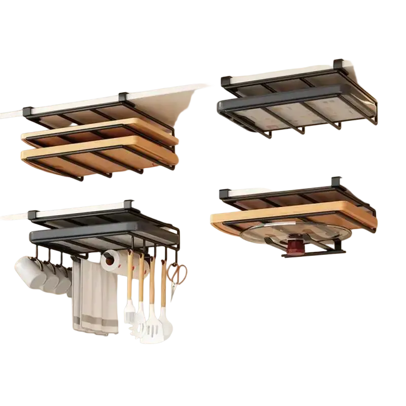 Under cabinet kitchen organizer rack with black metal frame wooden shelf and hooks for utensils cups and pot lid