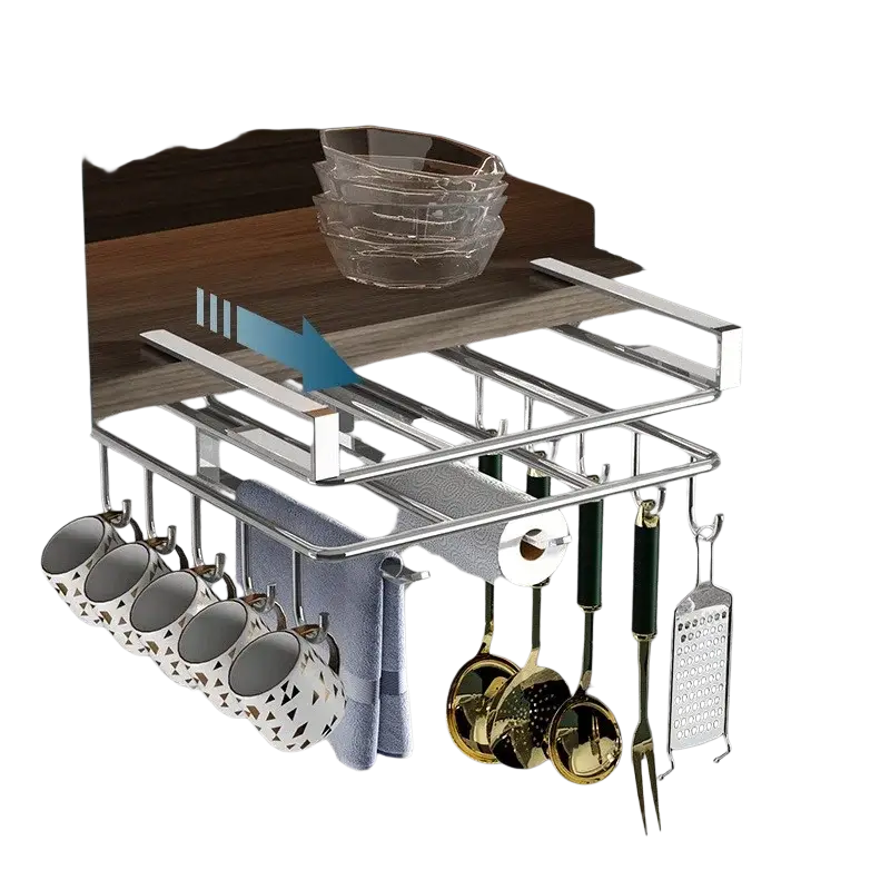 Silver stainless steel under cabinet kitchen organizer rack with wooden shelf holding mugs towel and utensils