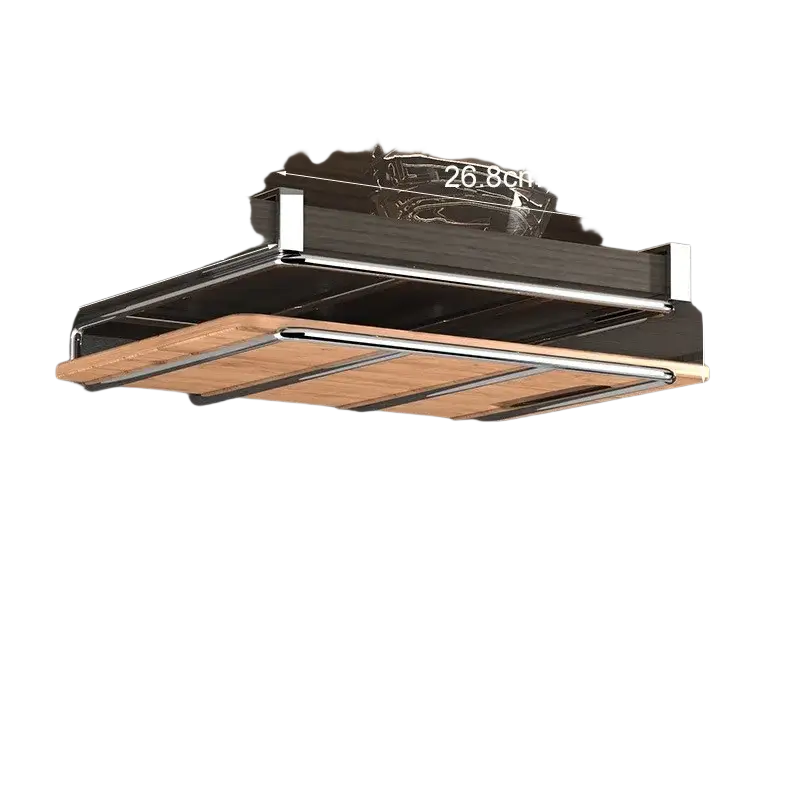 Under cabinet kitchen organizer rack with wooden shelf featuring a sleek chrome frame and wooden cutting surface storage