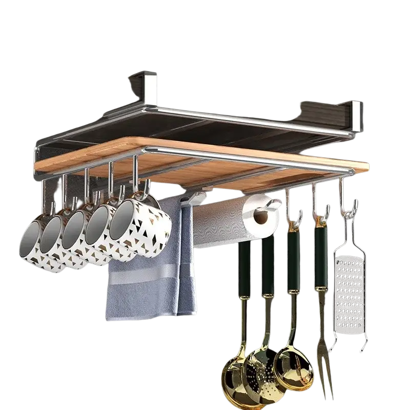 Under cabinet kitchen organizer rack in stainless steel with wooden shelf and multiple hooks for mugs and utensils
