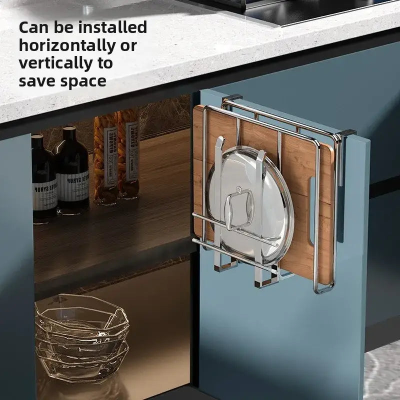 Under cabinet kitchen organizer rack with stainless steel plate holder and wooden cutting board insert for efficient storage