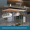Under cabinet kitchen organizer rack with wooden shelf stainless steel and wood chopping board and pot lid storage with hooks