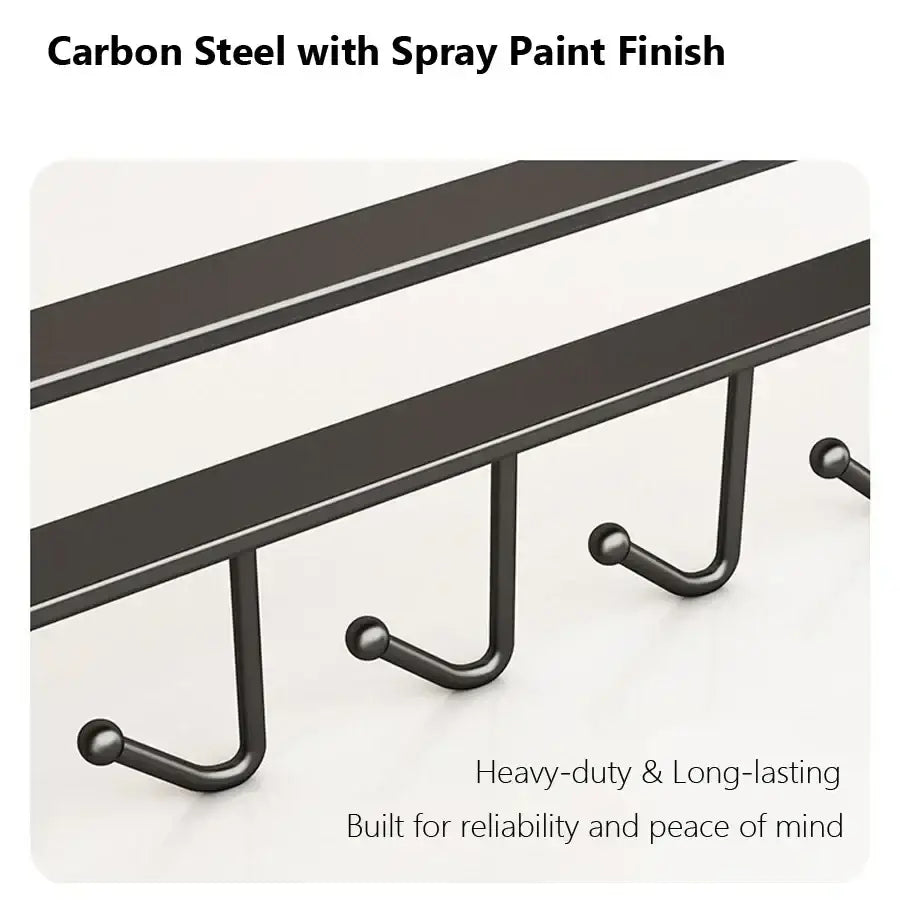 Under cabinet mug hook rack in black carbon steel with a spray paint finish shown from the back side