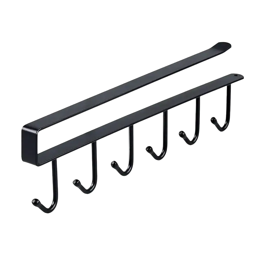 Black metal under cabinet mug hook rack with six hooks made of carbon steel for organized kitchen storage