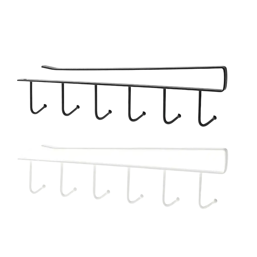 Black metal over the door hook rack with five evenly spaced hooks made of carbon steel under cabinet mug hook rack