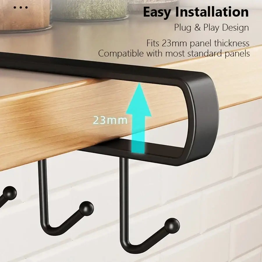 Black metal over the door hook set with three curved hooks in sleek modern design carbon steel under cabinet mug rack