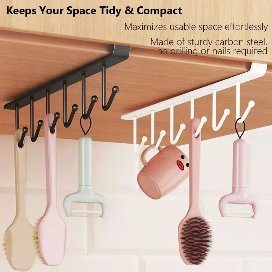 Under cabinet mug hook rack in black and white made of sturdy carbon steel for organized kitchen storage