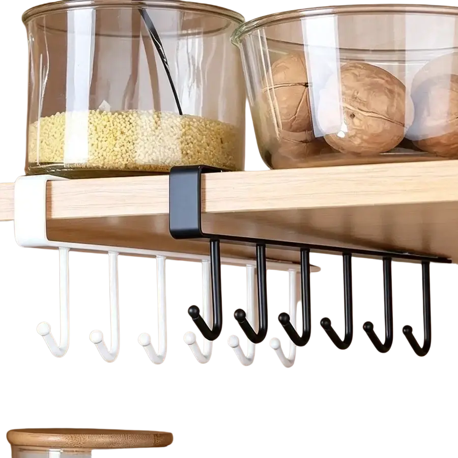 Under cabinet mug hook rack in black and white carbon steel with a sleek modern under-shelf design