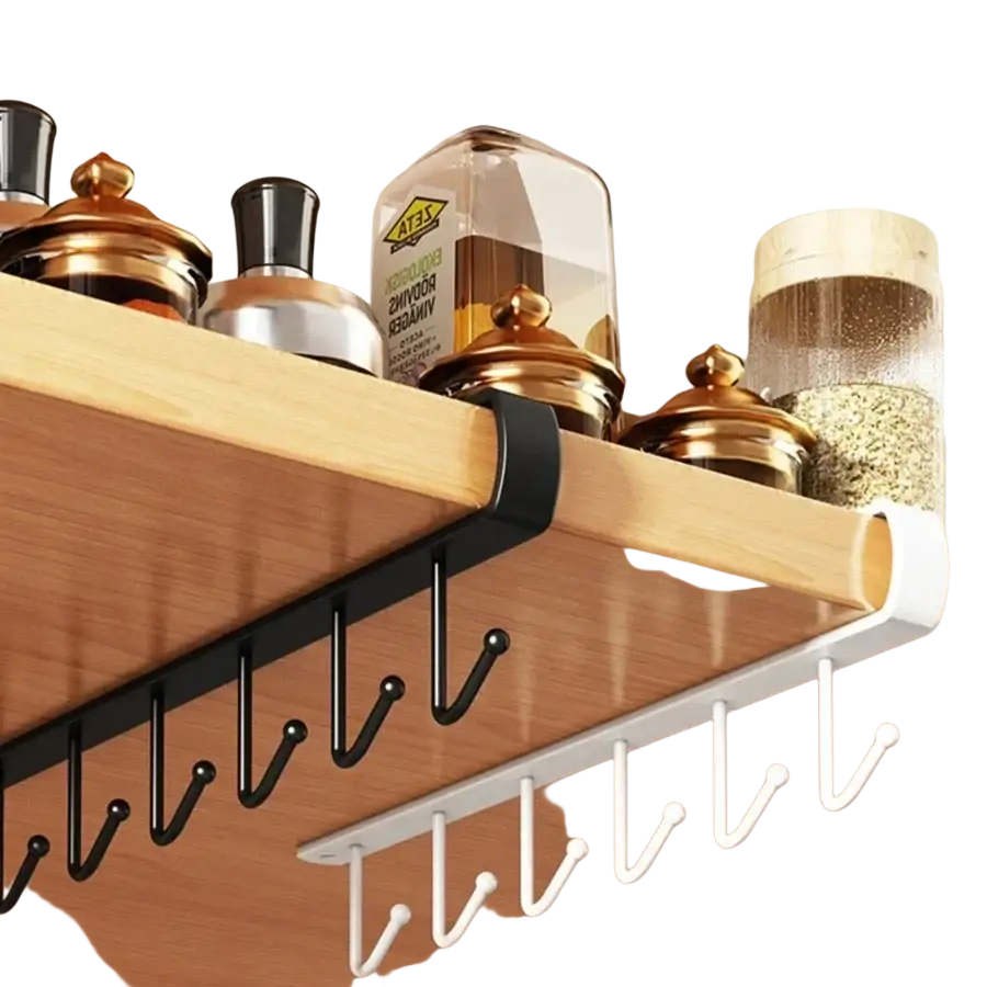 Under cabinet mug hook rack in black and white carbon steel with six u-shaped hooks for modern tidy storage
