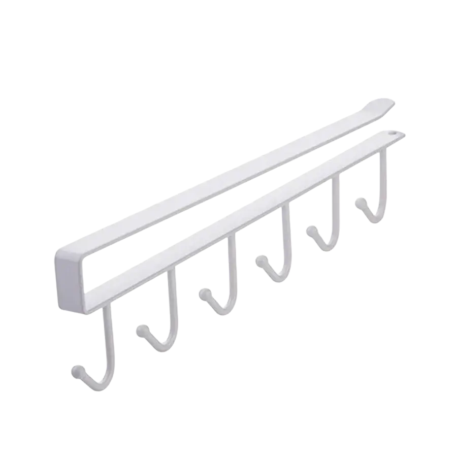 White metal under-shelf hook rack with five curved hooks made of carbon steel for under cabinet mug storage