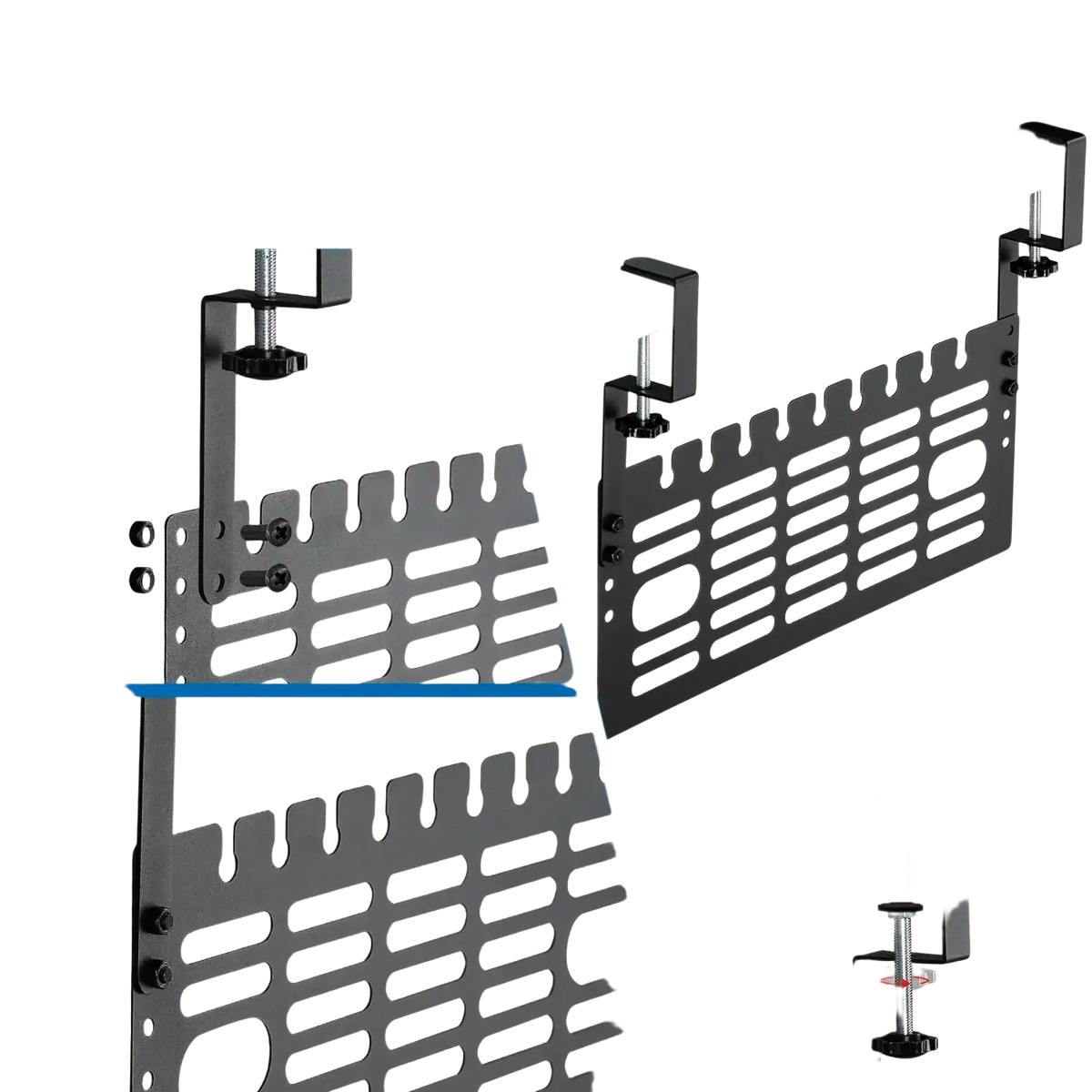 Black metal under desk cable management rack with adjustable clamps and a perforated panel design