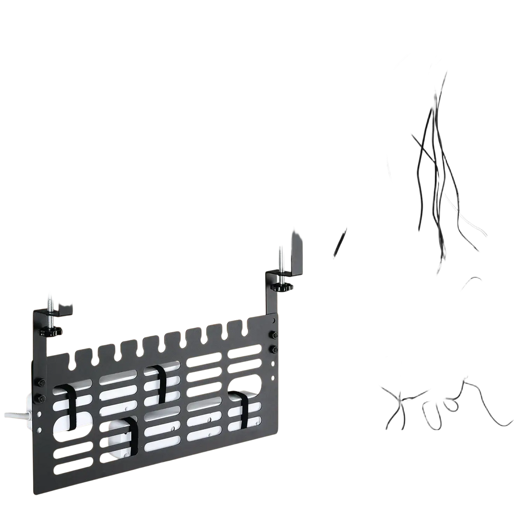 Under desk cable management rack in black metal with adjustable clamps and slots for neat wire routing