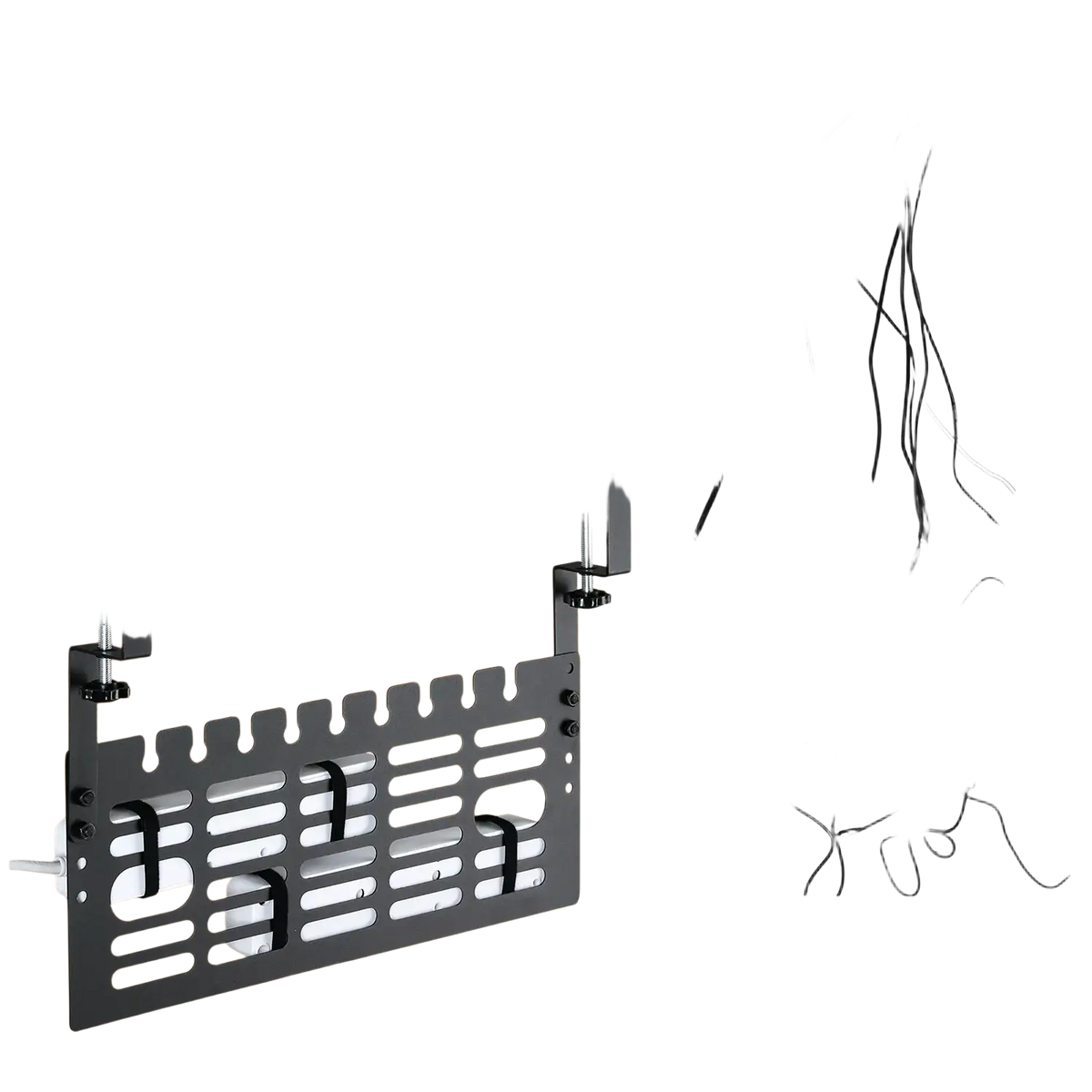Under desk cable management rack in black metal with adjustable clamps and slots for neat wire routing