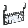 Black metal desk clip holding two white power strips as part of under desk cable management rack for organized workspace