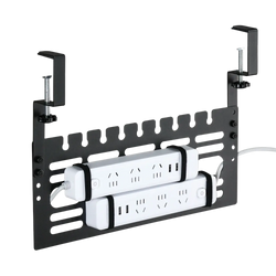 Black metal desk clip holding two white power strips as part of under desk cable management rack for organized workspace