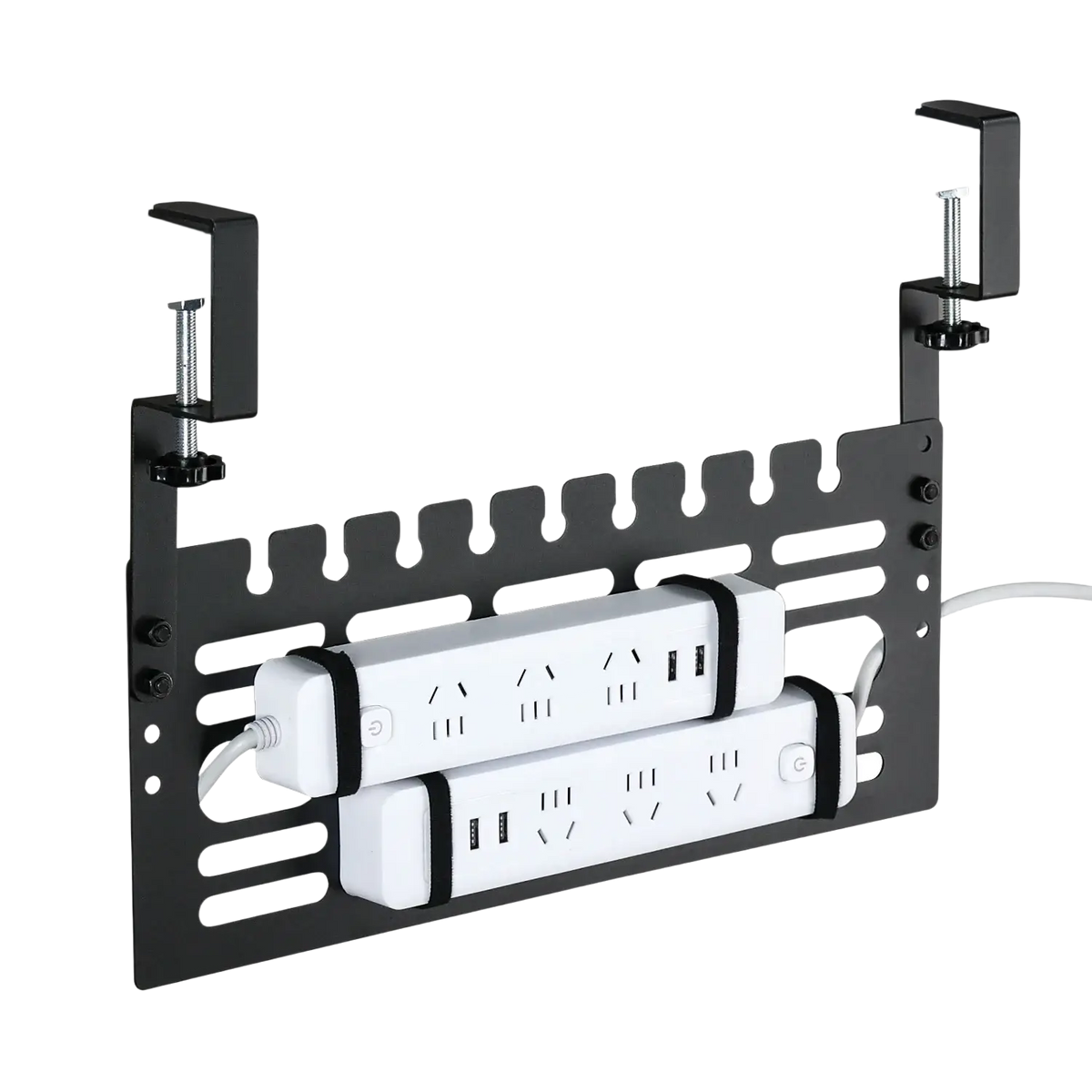 Black metal desk clip holding two white power strips as part of under desk cable management rack for organized workspace