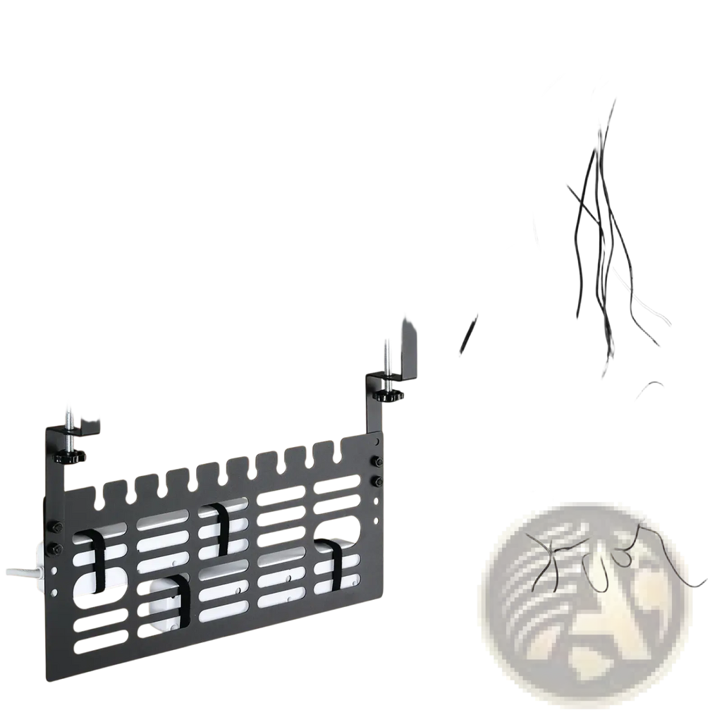 Under desk cable management rack in black metal with adjustable clamps and slots for neat wire routing