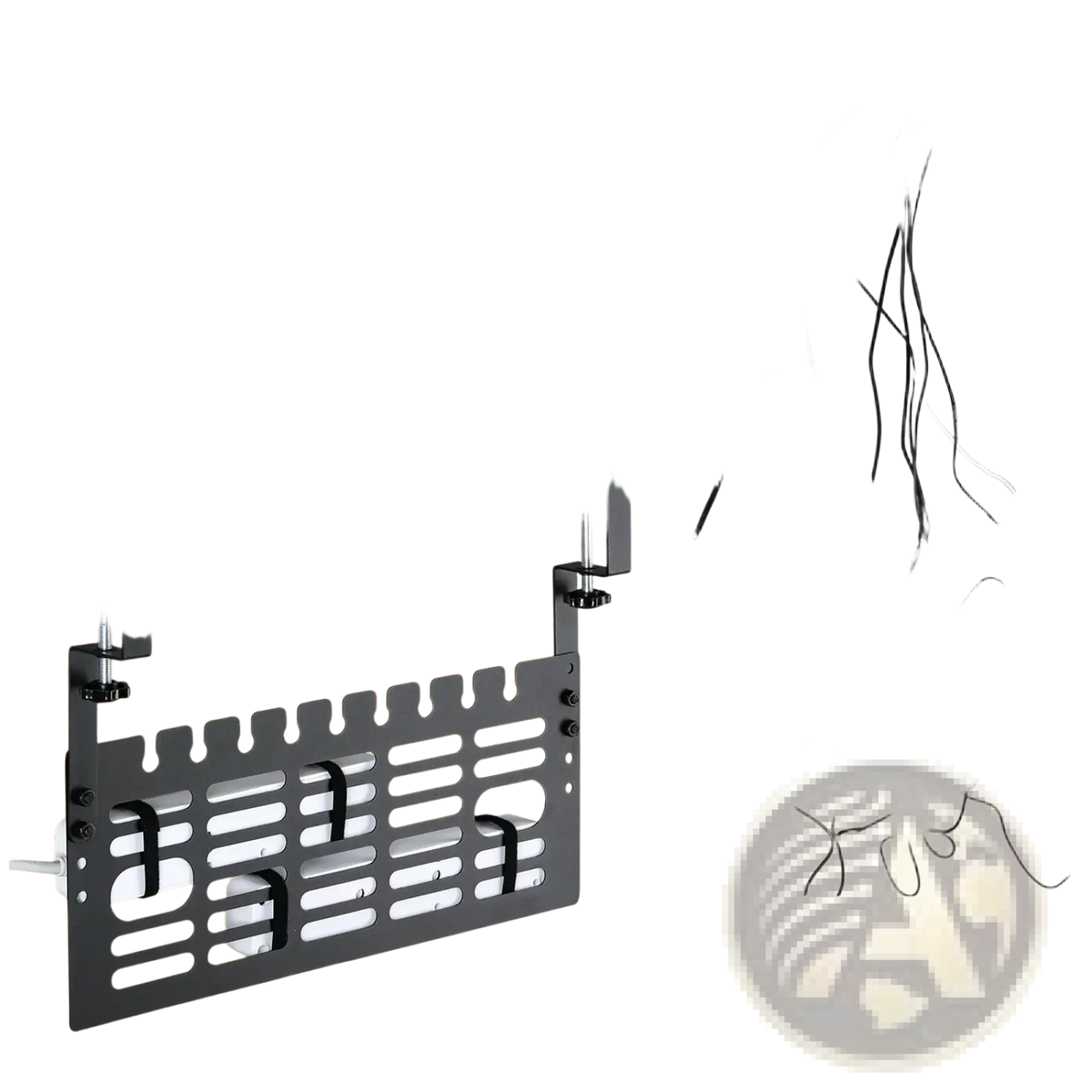 Under desk cable management rack in black metal with adjustable clamps and slots for neat wire routing