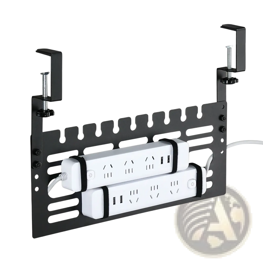Black metal desk clip holding two white power strips as part of under desk cable management rack for organized workspace