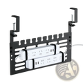 Black metal desk clip holding two white power strips as part of under desk cable management rack for organized workspace