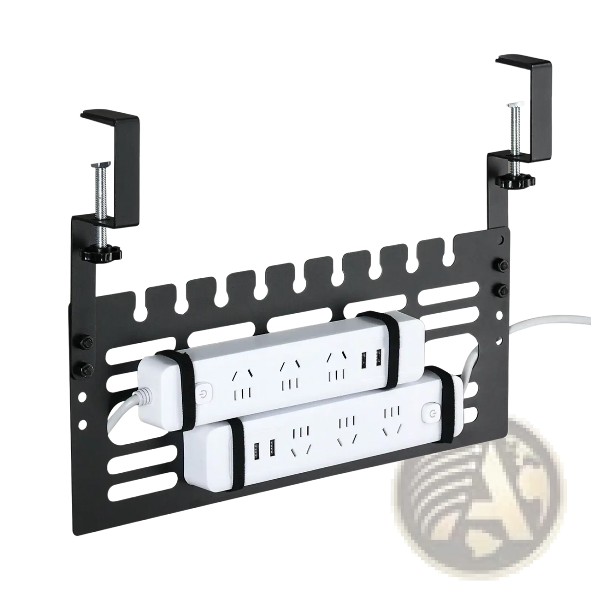 Black metal desk clip holding two white power strips as part of under desk cable management rack for organized workspace