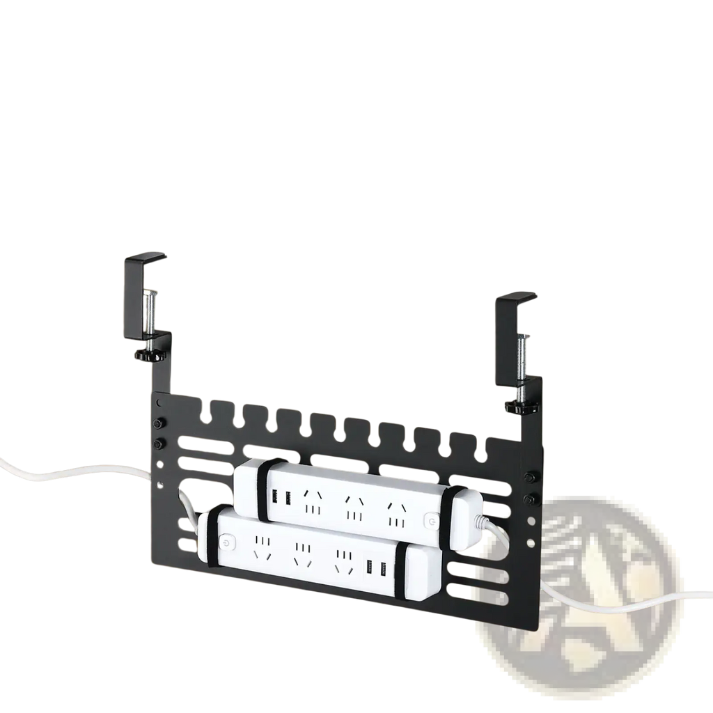 Under desk cable management rack black metal holding two white extension cords on a desk-mounted power strip organizer
