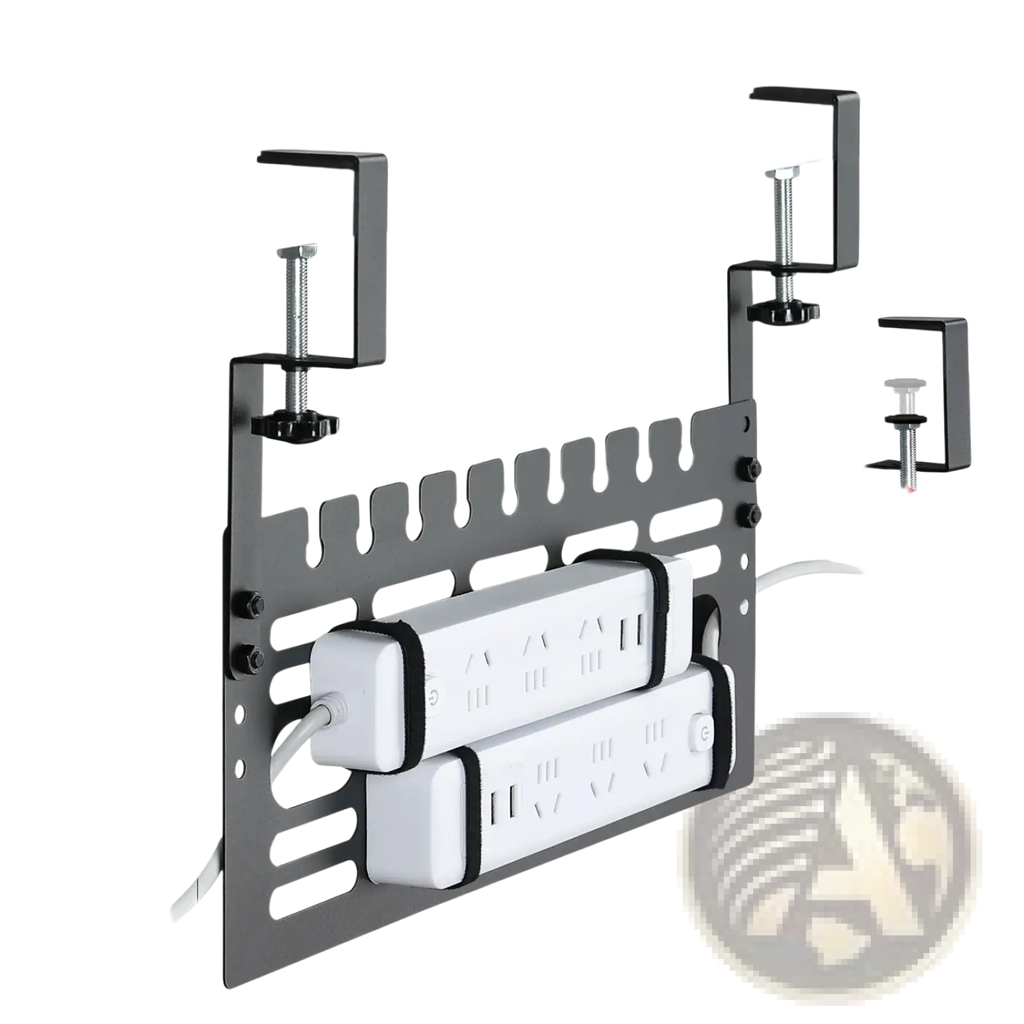 Under desk cable management rack black metal with adjustable clamps and cutouts for desk-mounted power strip organization