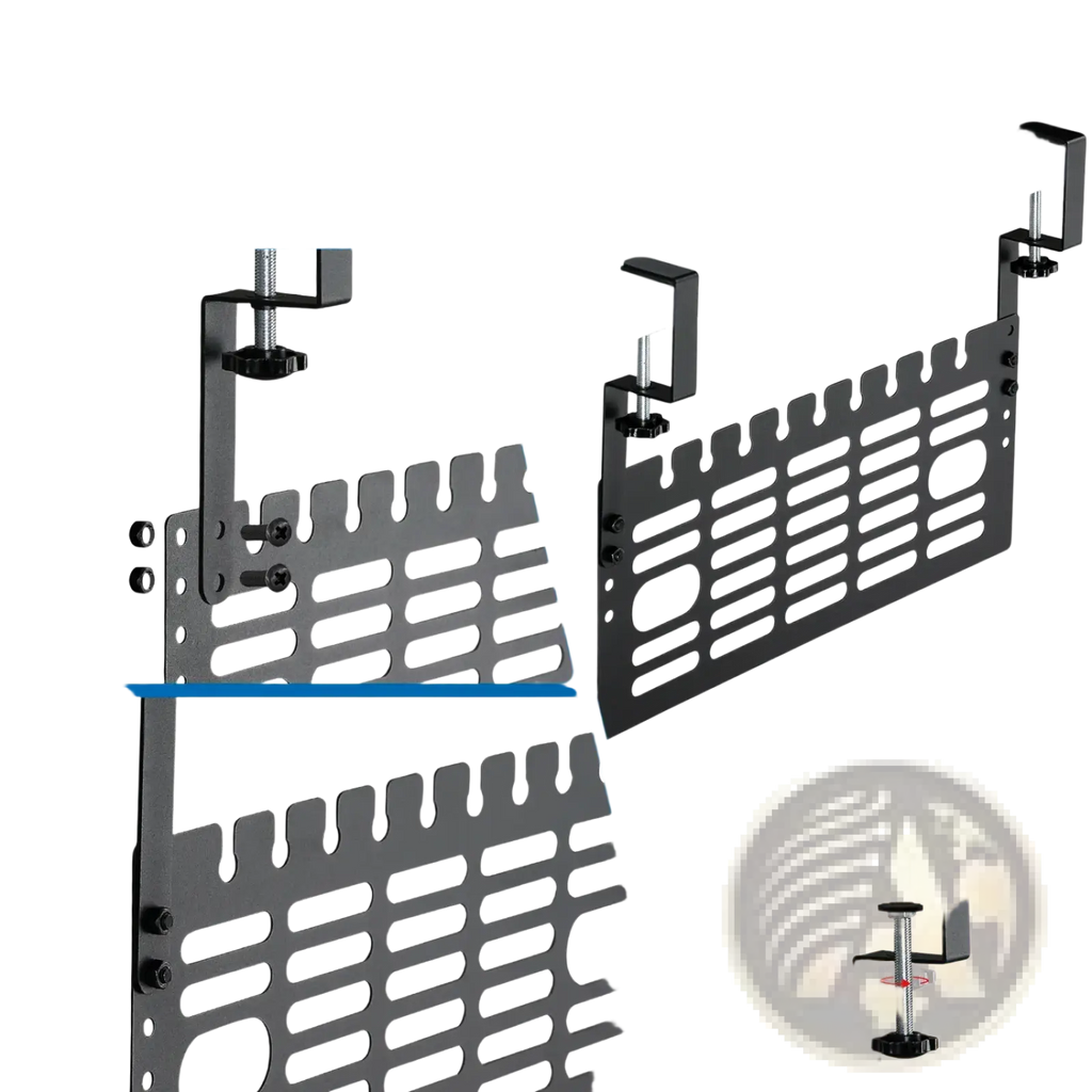 Black metal under desk cable management rack with adjustable clamps and a perforated panel design