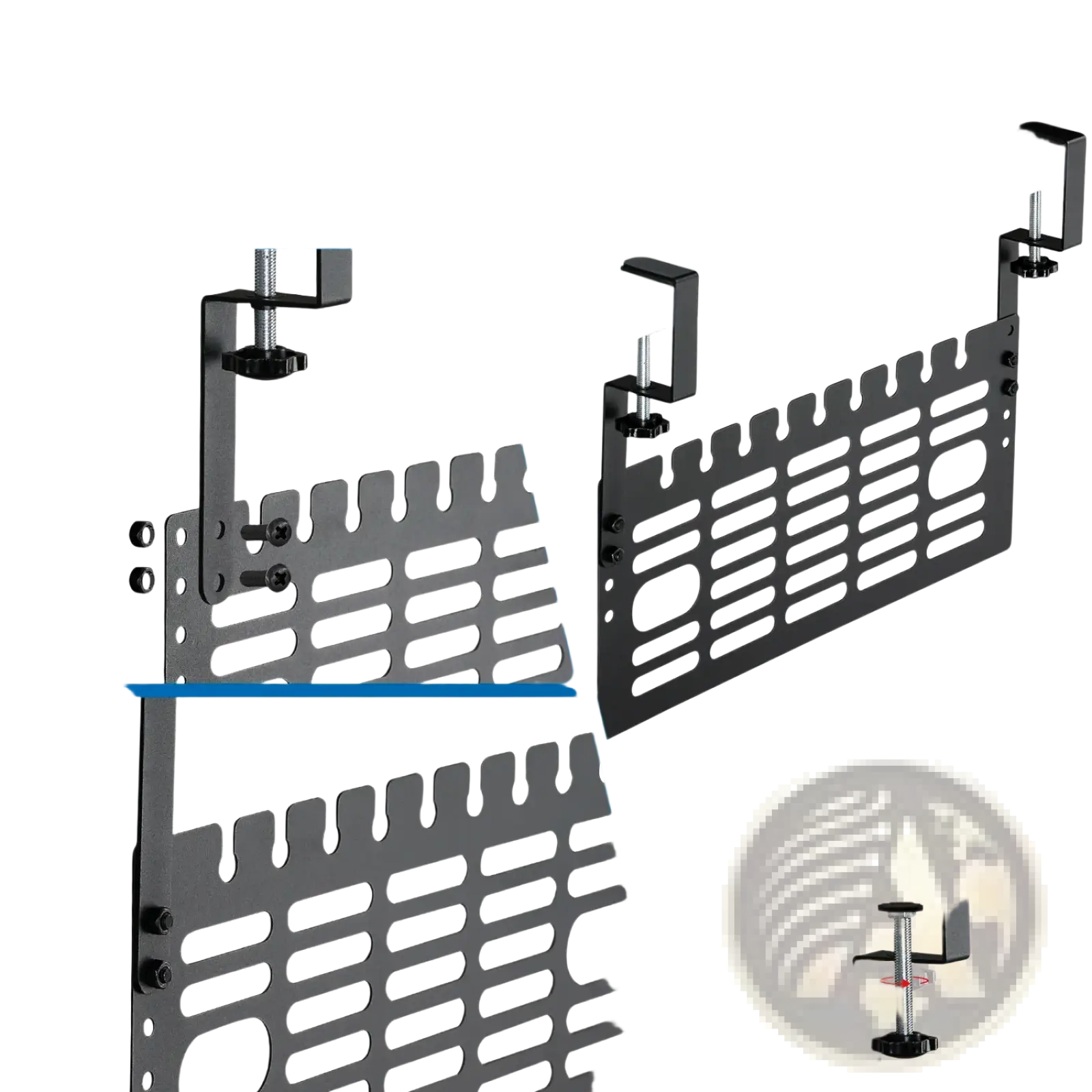 Black metal under desk cable management rack with adjustable clamps and a perforated panel design