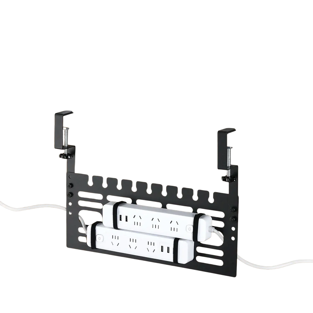 Under desk cable management rack black metal holding two white extension cords on a desk-mounted power strip organizer
