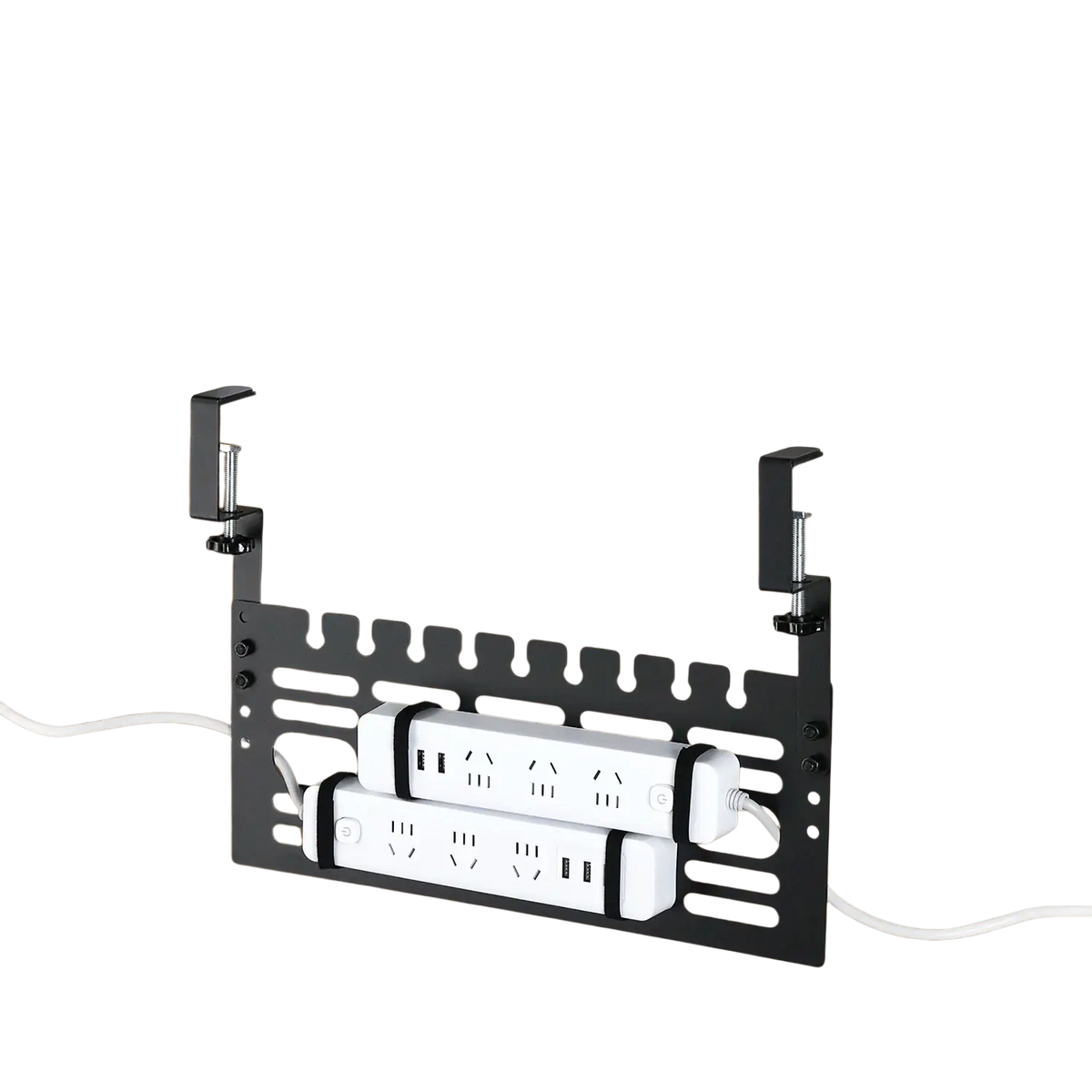 Under desk cable management rack black metal holding two white extension cords on a desk-mounted power strip organizer