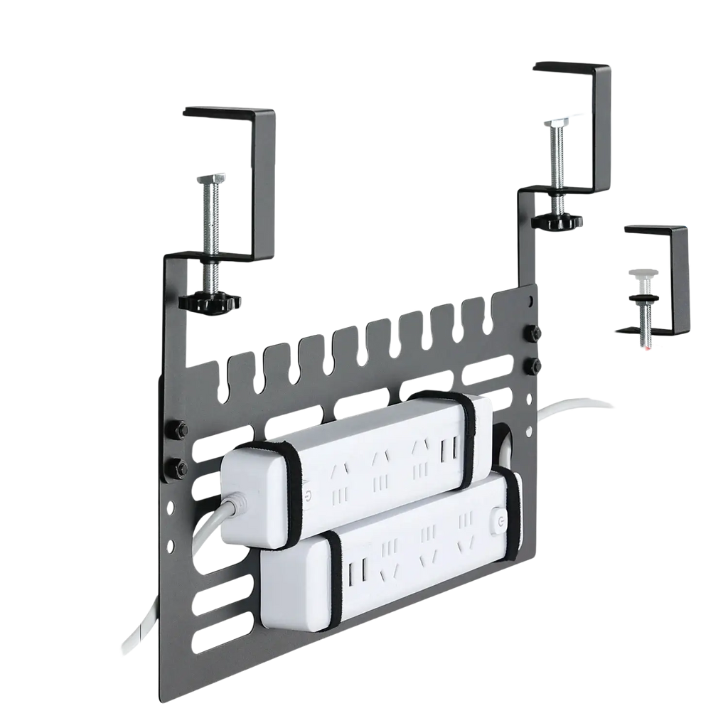 Under desk cable management rack black metal with adjustable clamps and cutouts for desk-mounted power strip organization