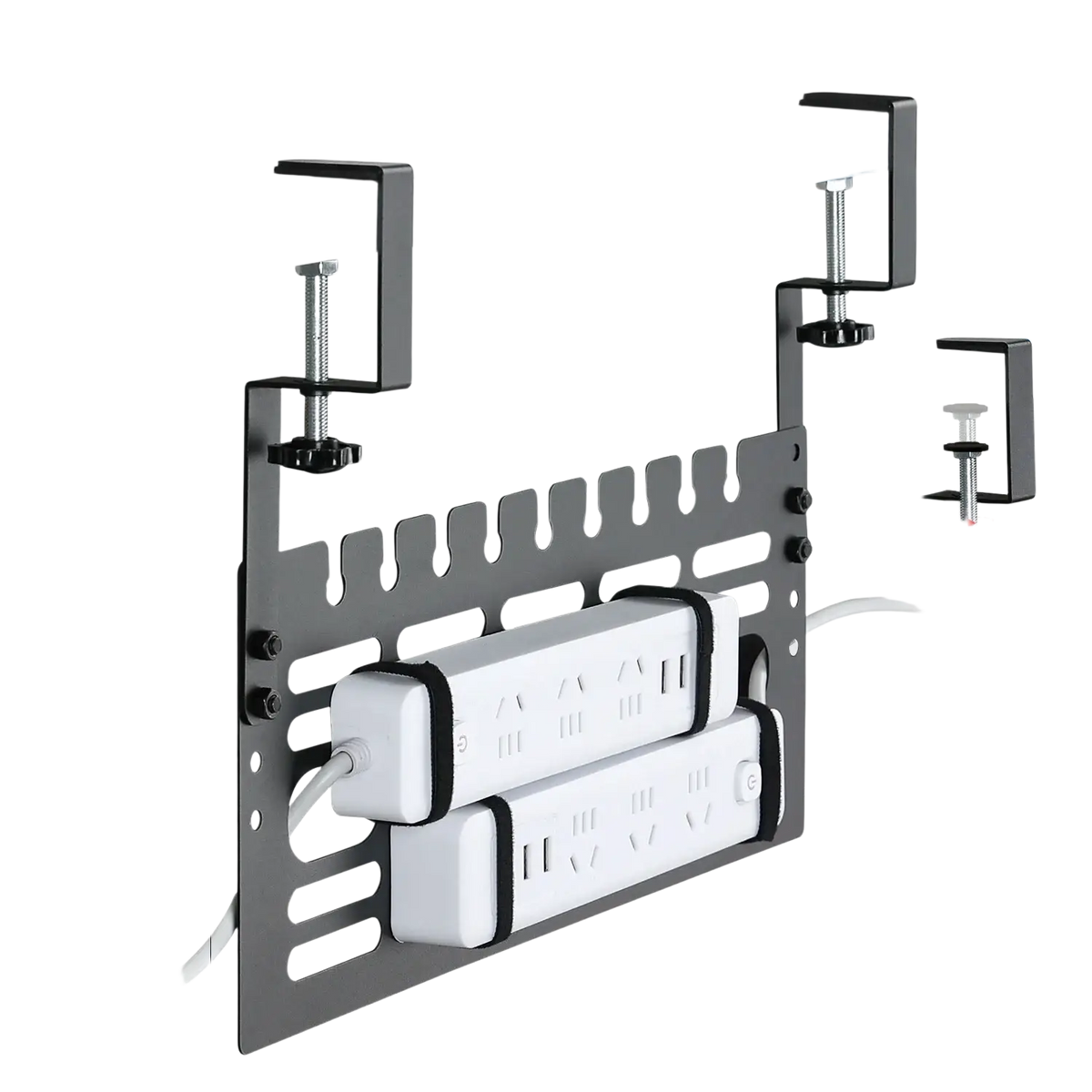 Under desk cable management rack black metal with adjustable clamps and cutouts for desk-mounted power strip organization