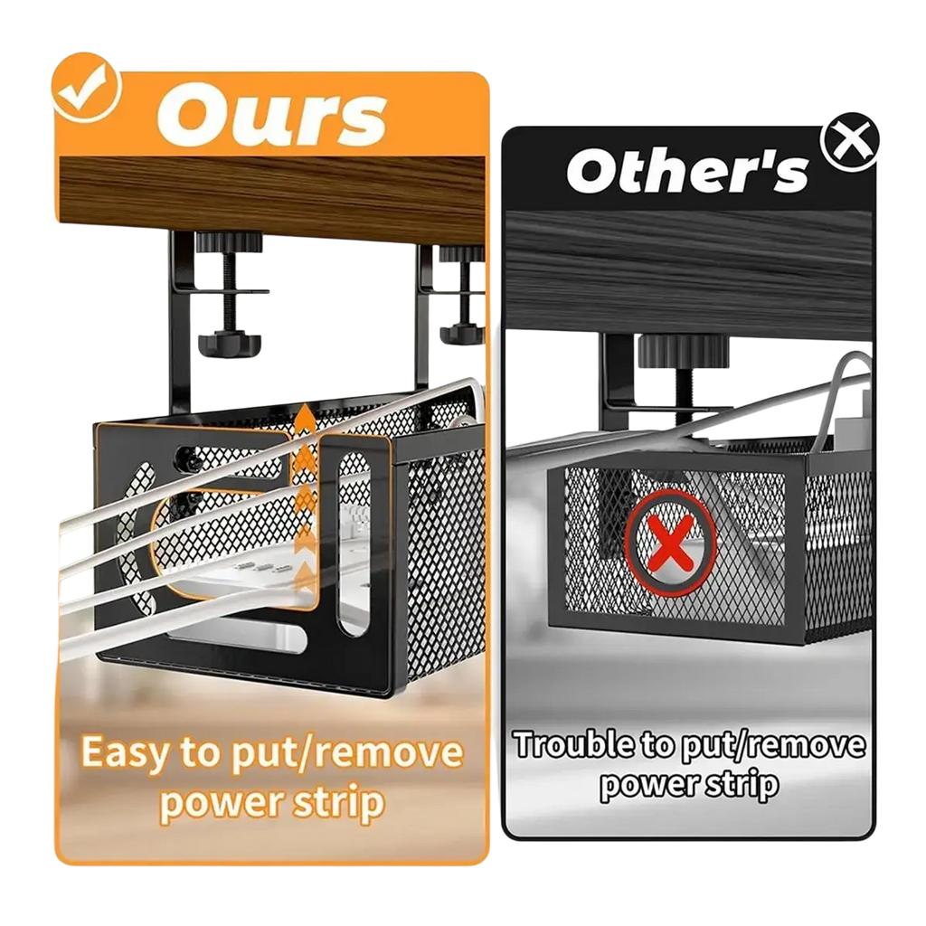 Black metal mesh under desk cable management tray with adjustable clamp for easy power strip attachment