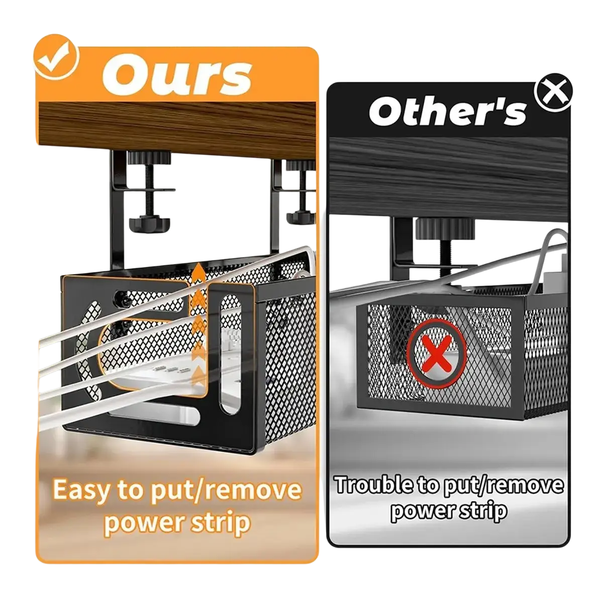 Black metal mesh under desk cable management tray with adjustable clamp for easy power strip attachment